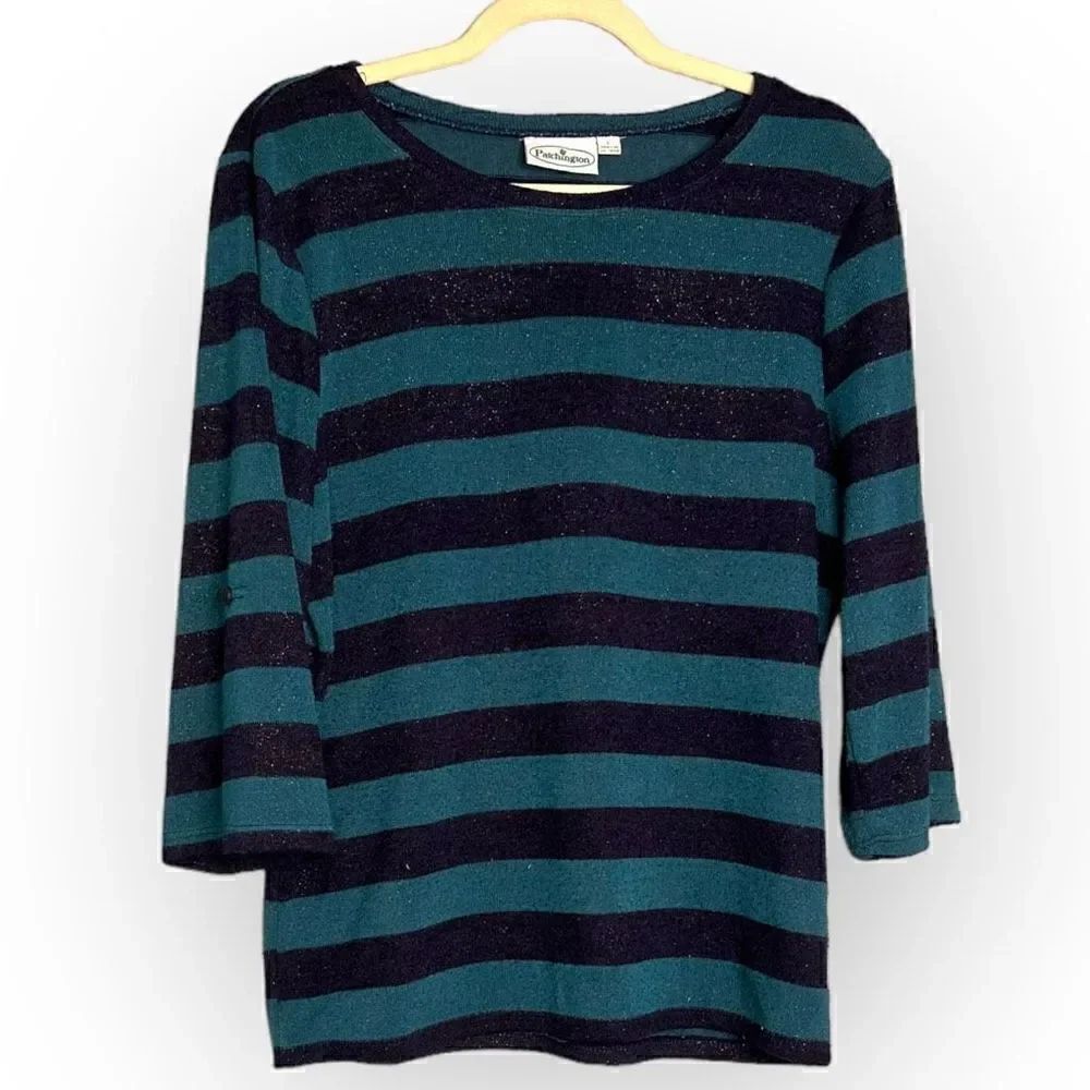 Patchington striped, black/green shimmery sweater polyester/rayon size large